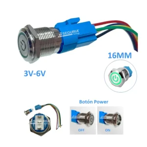 Boton Pulsador 16MM SE3003 ON OFF 3V-6V 5A luz led verde boton interruptor 5 terminales con cable Lima Peru Snergy