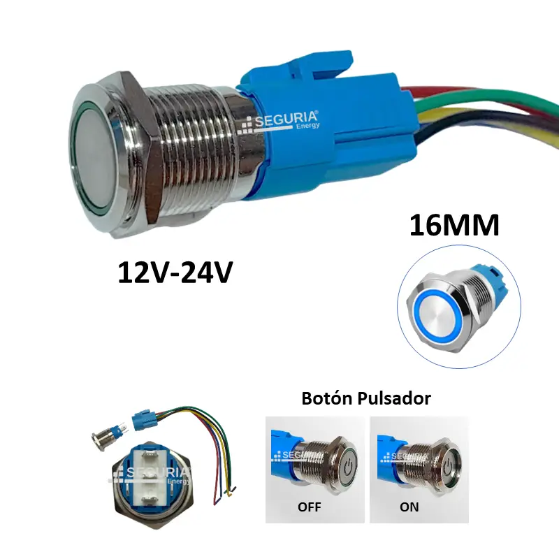Boton Pulsador 16MM SE3007 ON OFF 12V 24V Boton de Encendido y apagado luz led azul de 5 terminales Lima Peru Snergy