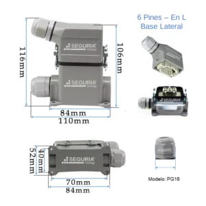Conector industrial 6 pines en L 16A 500V hembra y macho metalico base con salida lateral Snergy